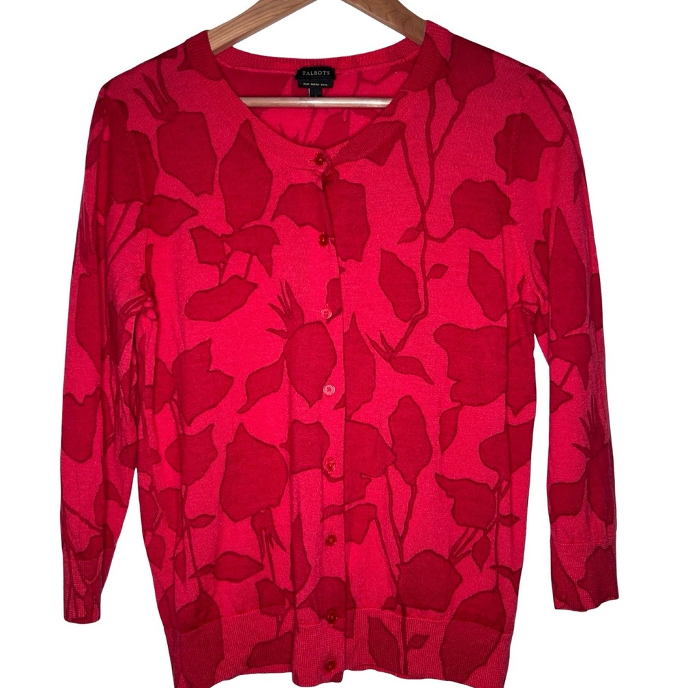 Talbots Cardigan L Red 100% Pure Merino Wool Floral Librarian Art Teacher Core